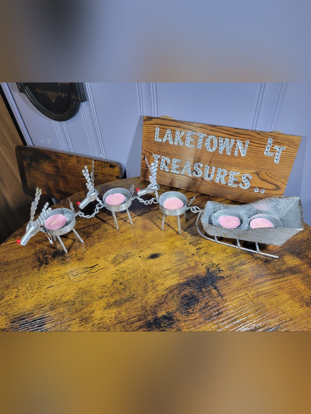 MudPie Rustic Galvanized Metal Reindeer and Sleigh Tealight Candle Holder Set